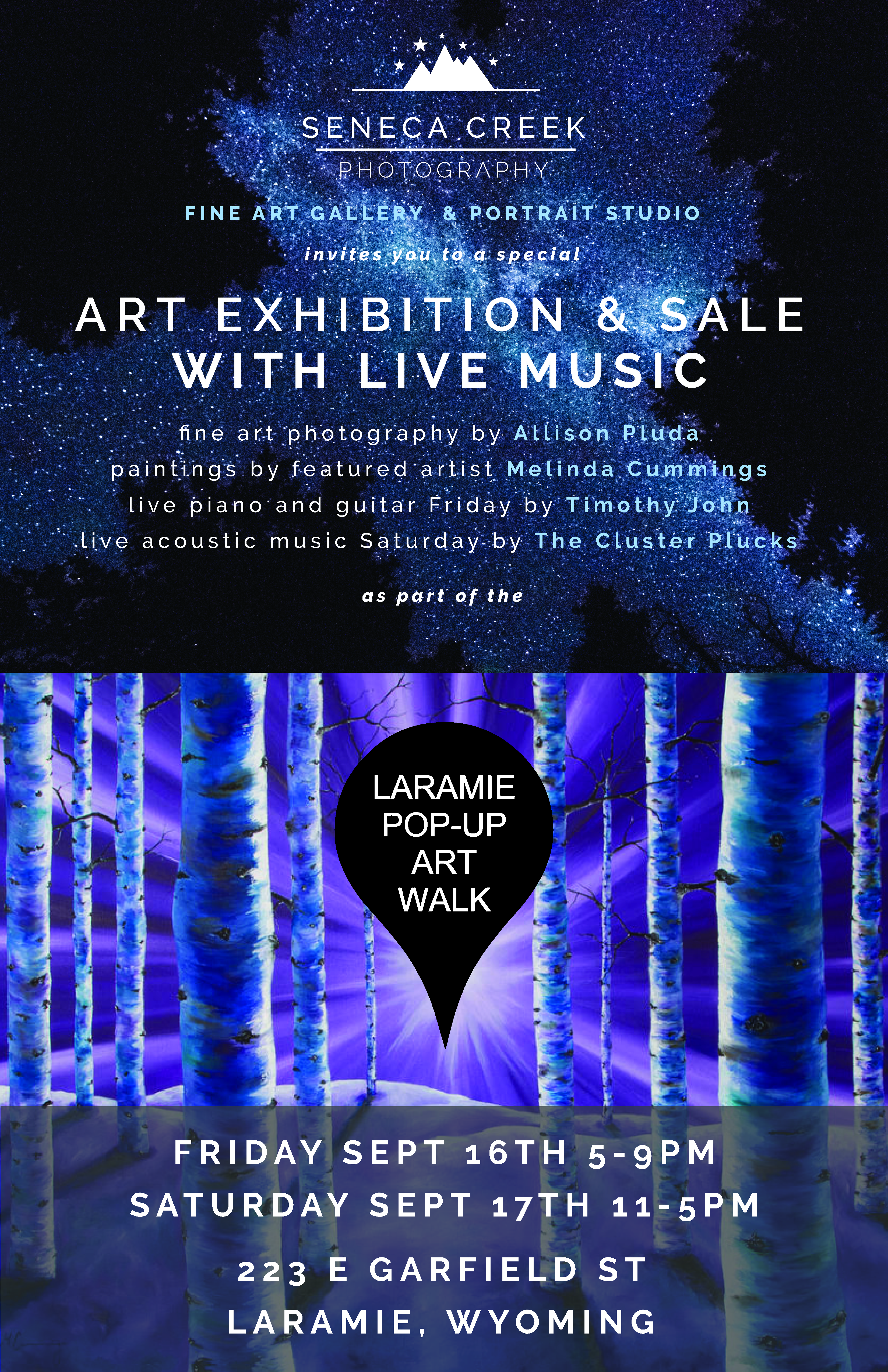 SenecaCreekPhotography.com Special Art Exhibition and sale in Laramie, Wyoming for the 2016-09-pop-up-art-walk-11x17-copy-01