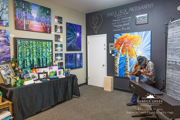 SenecaCreekPhotography.com by Allison Pluda | 2016 Laramie, Wyoming Pop-Up Art Walk at the Studio | Live Music by Timothy John and the Cluster Plucks | Featured Paintings by Melinda Cummings -
