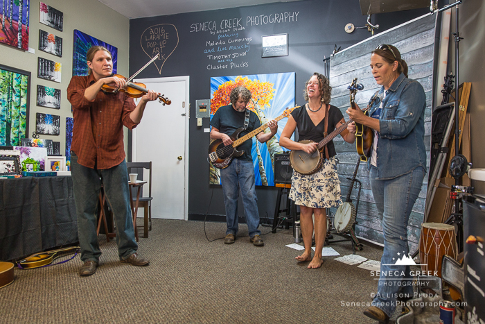 SenecaCreekPhotography.com by Allison Pluda | 2016 Laramie, Wyoming Pop-Up Art Walk at the Studio | Live Music by Timothy John and the Cluster Plucks | Featured Paintings by Melinda Cummings -