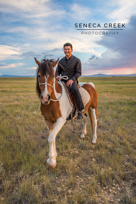 SenecaCreekPhotography.com by Allison Pluda | Ky's Senior Portraits with his Horse Gracie | Western Sunset in Laramie, Wyoming on the prairie