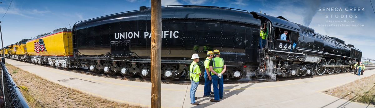 SenecaCreekStudios.com by Allison Pluda | The Living Legend Historic Union Pacific Steam Locomotive Engine No. 844 | Historic Downtown Laramie, Wyoming | 2012-9-20 Historic Steam Engine in Laramie (54)-Pano