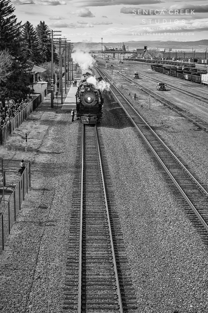 SenecaCreekStudios.com by Allison Pluda | The Living Legend Historic Union Pacific Steam Locomotive Engine No. 844 | Historic Downtown Laramie, Wyoming | Seneca-Creek-Studios-170418-SCS13981-38 Black and White