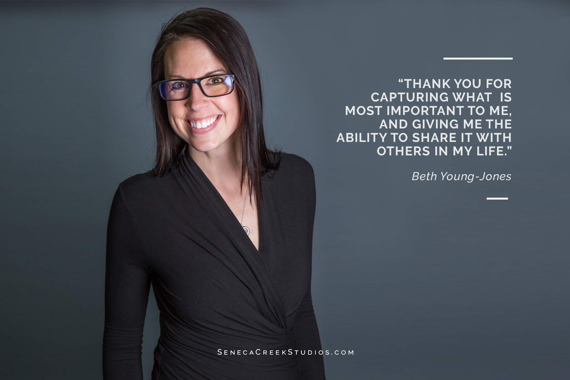 SenecaCreekStudios.com by Allison Pluda | Fine Art Prints, Portraits, and Headshots | Historic Downtown Laramie, Wyoming | Beth Young-Jones Executive Director, Foundation at Ivinson Memorial Hospital headshot stretched background testimonial