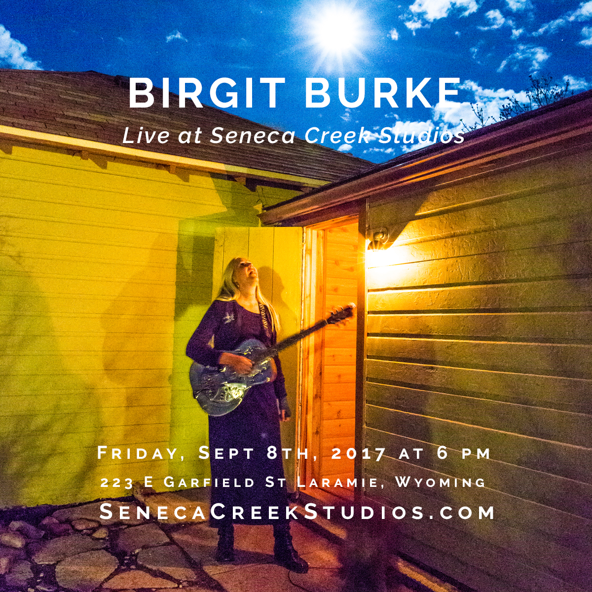 SenecaCreekStudios.com by Allison Pluda | Live Acoustic Music and Concert by Folk/Blues Musician Birgit Burke of Whiskey Slaps as part of the Pop-Up Art Walk in historic downtown Laramie, Wyoming | 2017-9-08 Birgit Burke Concert Square Post