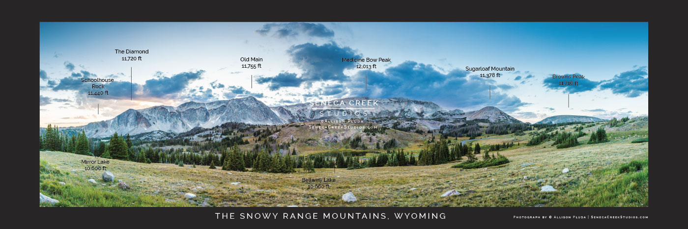SenecaCreekStudios.com by Allison Pluda | Fine Art Nature and Landscape Photography Prints | Medicine Bow National Forest, Snowy Range, Wyoming Panoramic Print with Mountain peaks Labeled with Names and Elevations : Laramie, Centennial, Wyoming | 2017-Snowy-Range-Mountains-Panoramic-Peak-Names-12x36-inches-copy