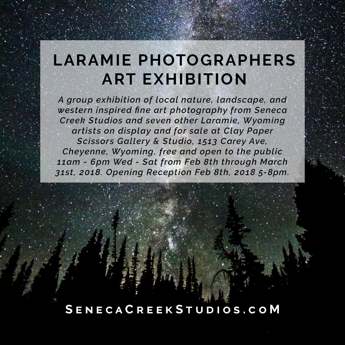 SenecaCreekStudios.com by Allison Pluda | Fine Art Nature, Landscape, & Wildlife Archival Wall Prints from the Rocky Mountains | Metal Aluminum Photography Prints | Archival Framed Matted Wall Prints | Wyoming & Western Professional Photography & Astrophotography | Gifts, Souvenirs, & Cards | Seneca Creek Studios Art Gallery, Portrait, & Design Studio in historic downtown Laramie, Wyoming | 2017-02-01 Laramie Photographers Exhibition Clay Paper Scissors Gallery Square Posts_7 Art Show Cheyenne, Wyoming Cheyenne Art Walk