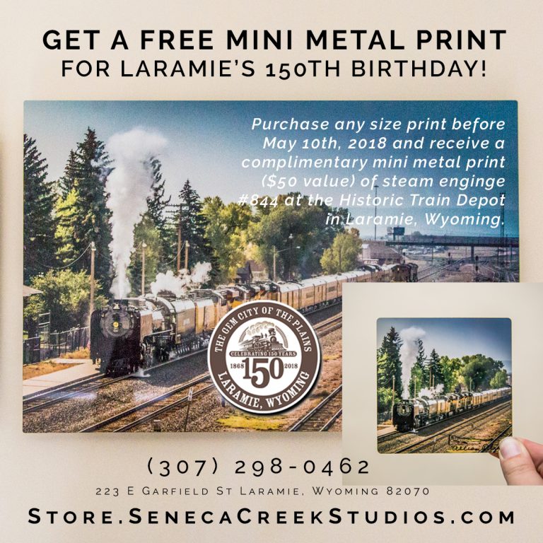 Get a Free Mini Metal Print of The Living Legend Union Pacific Steam Locomotive Engine No. 844 for Laramie, Wyoming’s 150th Birthday | Train Photography Gift
